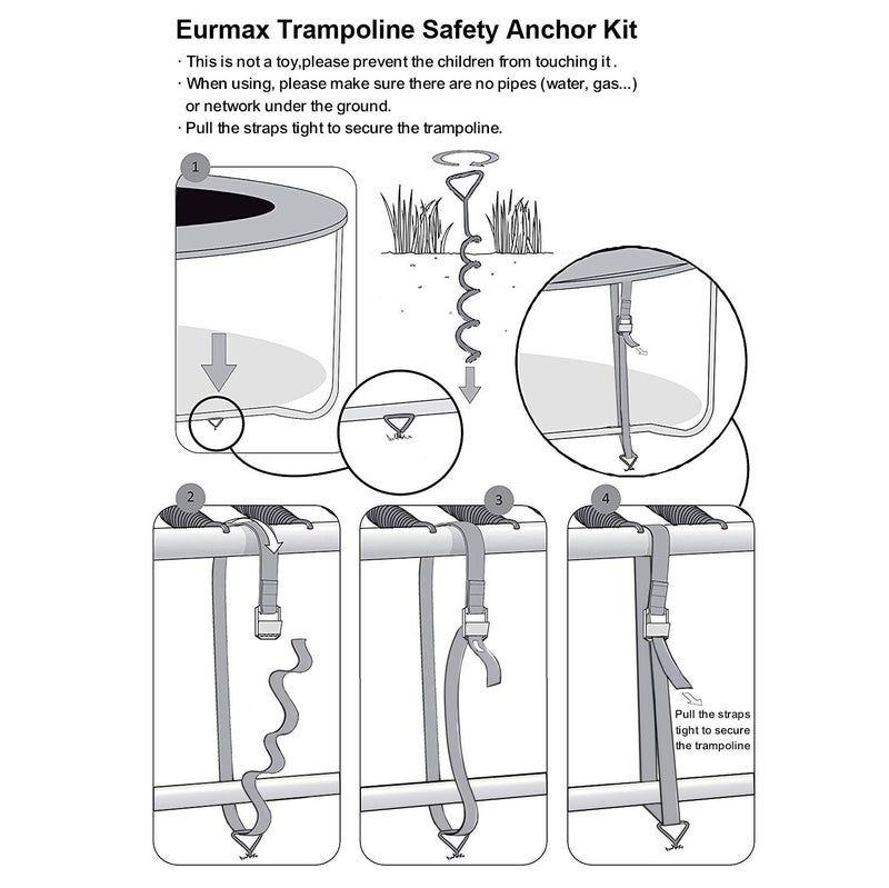 Eurmax USA Trampoline Stakes Heavy Duty Trampoline Parts Corkscrew Shape Steel Stakes Anchor Kit with T Hook for Trampolines -Set of 4 Bonus 4 Strong Belt,Silver - Image 3